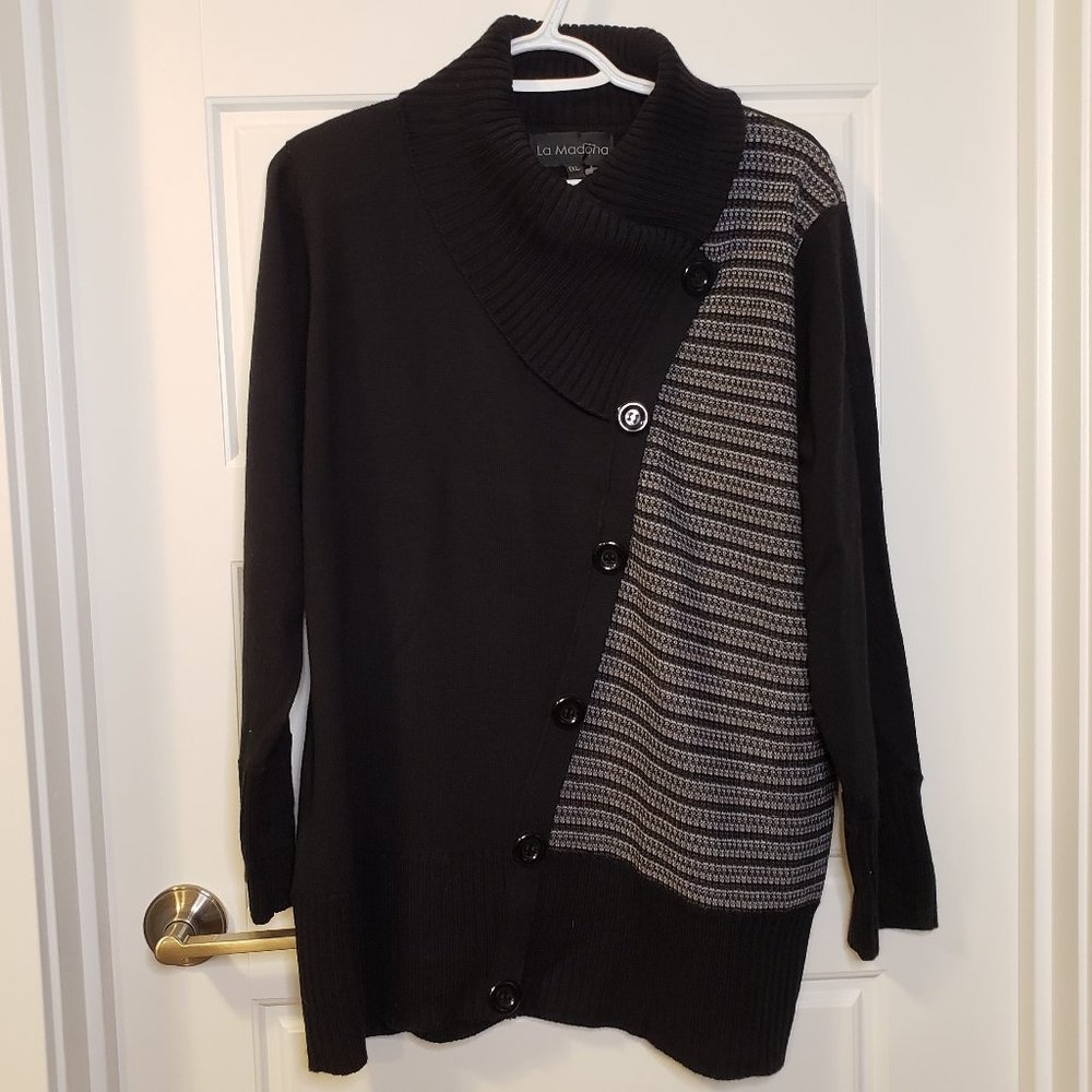 La Madona Women's Black Grey Knitted Collared Asymmetric Button Sweater-Size: 1X